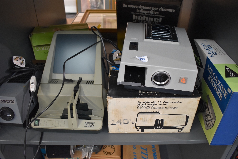 A Hahnel DB Universal slide projector/ viewer in original box, a Boots slide projector and a Boots