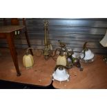 Two vintage brass ceiling light fittings with glass shades