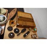 An early 20th century oak desk top correspondence box, having internal compartments and ink well,