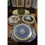 A selection of vintage plates, including two blue and white platters, Wedgwood,collectors plates and