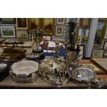 A collection of fine plated wares including candlestick holder, wine cooler , gallery tray and