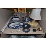 A selection of blue and white Wilton ware, A floral transfer print royal Vienna bowl, a stone hot