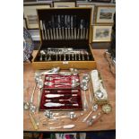 An oak canteen of Warriss plated cutlery and selection of vintage cutlery and utensils having some