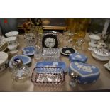 A election of Wedgewood including clock and trinket boxes, also some glass with two bottle having