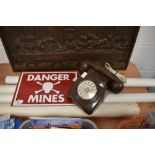 A selection of maps, possibly of military interest, a metal 'Danger mines' sign and a vintage rotary