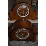 Two vintage mantel clocks, one in oak the other Walnut veneer, both have keys but are untested.