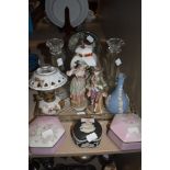 A selection of ceramics including lidded Wedgewood trinket bowl and vase, two figurines, a ceramic