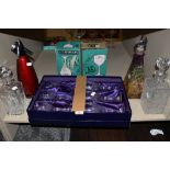 Six Edinburgh Crystal wine glasses in box, three decanters and more.