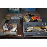 A selection of diy workshop and garage tools including drill bits