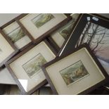 Six prints, Lakeland views, 19th, each 9 x 12cm, framed and glazed, and a watercolour, E Greig Hall,