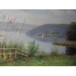 A print, after Jeff Sanders, A Summer Evening at Windermere, signed, 18 x 51cm, framed and glazed