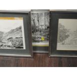 Three sketches, C W Thompson, woodland farmstead, signed, and dated 1980, 26 x 26cm, river bank,