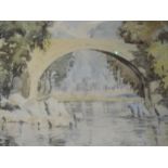 A watercolour, river bridge, 35 x 46cm, framed and glazed