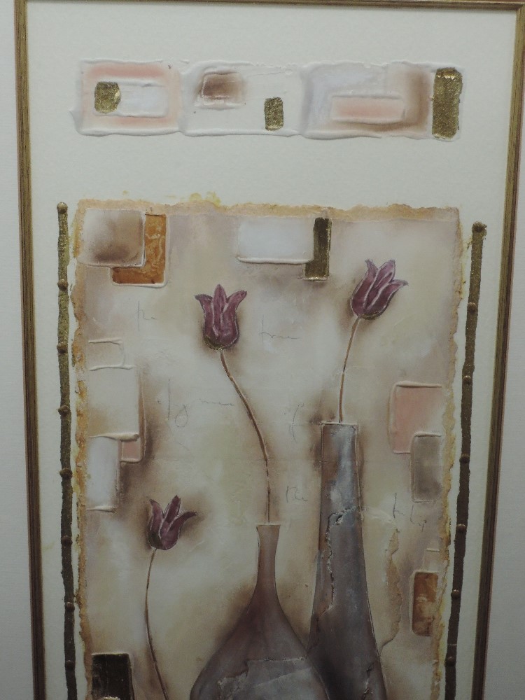 A pair of mixed media pictures, Kevin B, Vase I and Vase II, indistinctly signed, 69 x 24cm,