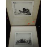A pair of etchings, after Graham Cleveland, Romany caravan, and Hay Makers, signed, 18 x 22cm,
