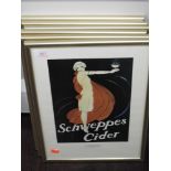 Six prints, reproduction Schweppes advertising, 40 x 28cm, framed and glazed