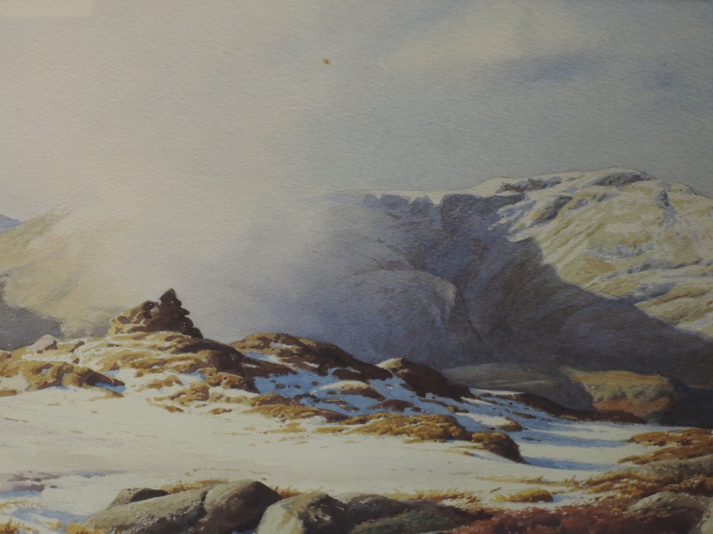 A watercolour, Geoffrey H Pooley, Butteremere Fell from Fleetwith November snow, signed and