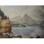 A watercolour, Geoffrey H Pooley, mountainous lake landscape, signed and dated 1980, 34 x 50cm,