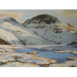 A watercolour, Geoffrey H Pooley, Great and Green Gables, over a Lakeland Tarn, signed and