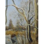 An acrylic painting, Christine Baines, Winter trees, signed and attributed verso, 29 x 12cm,