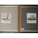 A near pair of watercolours, oast house, and trees, indistinctly signed, 13 x 12cm, framed and