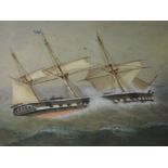 A watercolour, Joseph Higgins Barker, galleon in royal seas, attributed verso, 21 x 41cm, framed and