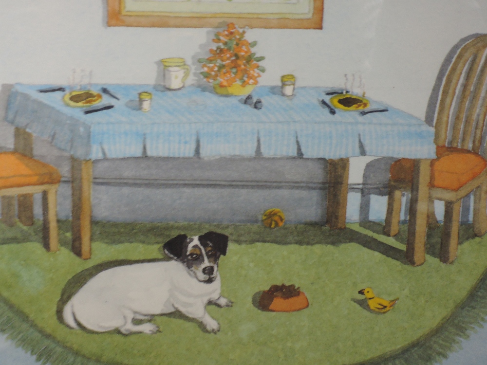 A watercolour, Barbara Wade, I Don't mind having the steak, dog interest, signed 18 x 23cm, framed
