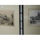 A pair of etchings, after W Monk, The Tower of London, and The Bank, signed, 20 x 26cm, framed and