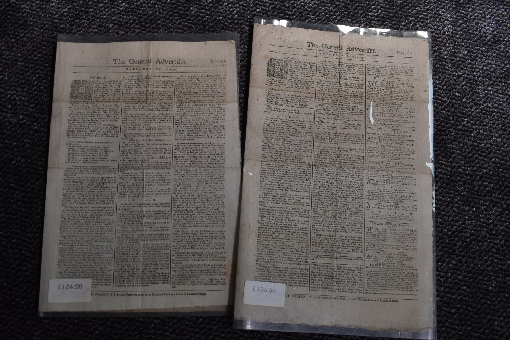 Two editions of the General Advertiser, broadsheet. May 2nd and May 30th, 1752. (2)