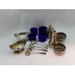 A selection of HM silver salts and pepperettes of assorted designs, five HM silver salt spoons and