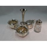 A selection of HM silver including a pair of circular salts with trefoil bun feet, an oval lidded