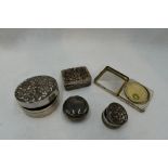 Three HM silver trinket/patch boxes & two HM silver powder compacts of assorted form and decoration,