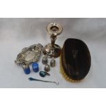 A small selection of HM silver and white metal including thimbles, trinket dish, cigarette lighter