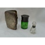 A green glass scent bottle of plain form having glass stopper and HM silver lid, a small cut glass