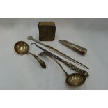 A small selection of HM silver including ladle, sifting spoon, paper knife, silver backed