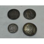 Four UK Coins, William & Mary 1689 Half Crown, George II 1746 Half Crown x2 and a George II 1758