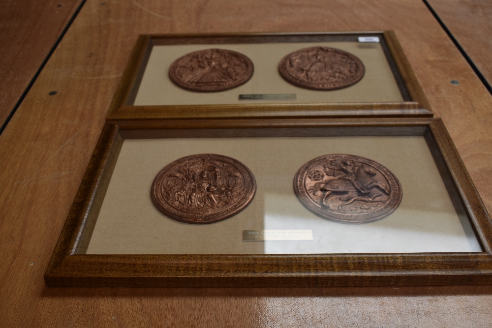 The Great Seals of Henry VIII & Elizabeth I, two each in good quality wooden glazed frames, part