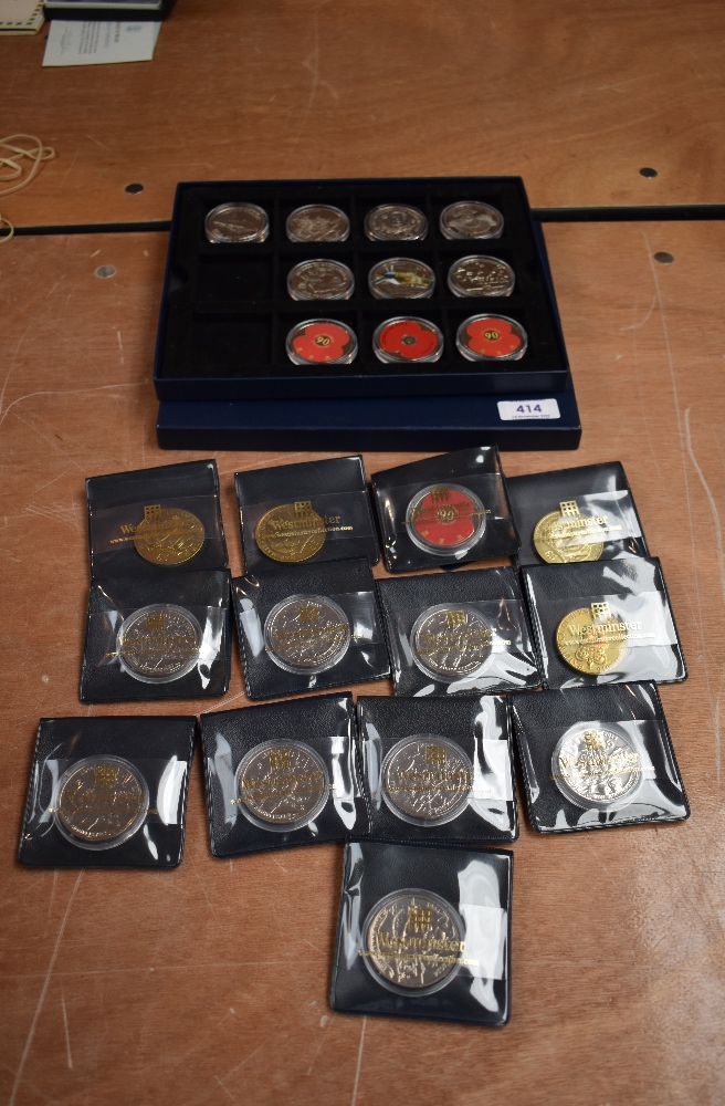 A collection of Channel Islands 5 Pound Coins in boxes and loose, 23 coins in total