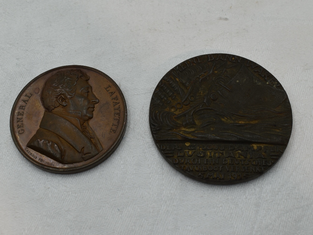 A Bronze General Lafayette Medallion along with a German WW1 Lustitania Medal - Image 2 of 2