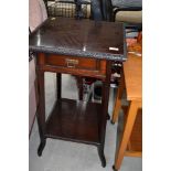 A late Victorian, square top occasional table, the frieze drawer having Aesthetic brass handle ,