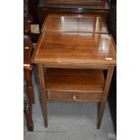 A pair of reproduction light mahogany and inlaid bedside or occasional tables