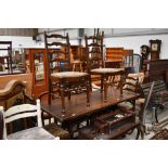 A traditional farm house style kitchen table and set of six chairs in oak table measures 170cm