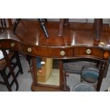 A reproduction mahogany and inlaid serpentine front side table, having triple frieze drawer, width