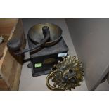 A large cast Victorian coffee grinder and a large brass door knocker