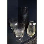 Four items of etched glass including vase with bird design, two glasses with fish decoration and a