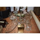 A selection of vintage pressed glass including jugs and bowls and a Swiza carriage clock.