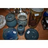A selection of studio pottery including Kendal interest, most in blue and green hue glazes