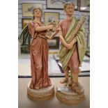 Two figures by royal dux both in a classical style girl with harp and man with axe (AF)