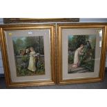 Two large full colour Victorian prints of courtship and oil on board