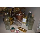 A selection of stove items including sauce pans kettle and brass perpetual calendar